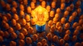 Outstanding Orange light bulb color in middle Surrounded by blue light bulb. Generative AI technology