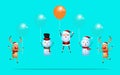 Outstanding santa claus rises above with balloon and reindeer snowman flying with balloon. Merry Christmas and happy new year.