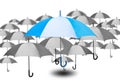 Outstanding umbrella with small umbrella in monochrome color on white background, success and single choose from many choices,