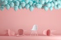 Outstanding white chair among pink chairs with floating blue balloons in pink pastel background room studio. Royalty Free Stock Photo