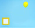 Outstanding yellow balloon floating with picture frame on blue background. minimal concept idea.picture frame used to place pictu