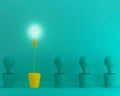 Outstanding yellow light bulbs with glowing in flowerpot one different idea from light bulbs the others on green pastel background Royalty Free Stock Photo