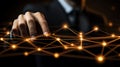 An outstretched hand manipulates a shining web of connections, embodying innovation, technology, and digital interaction Royalty Free Stock Photo