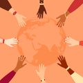 Outstretched hands of women of different ethnicities make a circle with the globe of the Earth inside Royalty Free Stock Photo