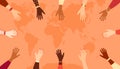 Outstretched hands of women of different nationalities on the background of a world map, copy space. Vector illustration