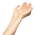 Outstretched or offering palm money. Outstretched female open hand, keeping empty palm on white isolated background