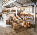 Outward bound. the interior of a large packaging and distribution warehouse.