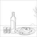 Ouzo and cooked fish in a table next to the sea. Vector black and white coloring page Royalty Free Stock Photo