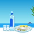 Ouzo and cooked fish in a table next to the sea. Vector illustration