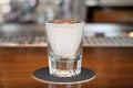 Ouzo or raki - traditional balkan anise strong alcoholic drink on bar counter.