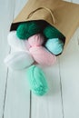 Oval acrylic wool yarn thread skeins with kraft package Royalty Free Stock Photo