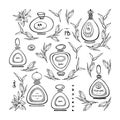 Oval antique glass perfume bottles with caps. Set of black and white fashion sketches. Vector illustration