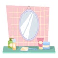Oval bathroom mirror with cosmetics shelf. Vector illustration without people. Morning and evening routines. Cosmetics for face ca