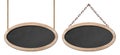 Oval blackboard with bright wooden frame hanging on ropes and chains