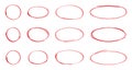 Oval, circle line, grunge vector set in sketch style. Red frames outline in hand drawn style.