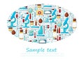 Oval Collection of vector illustrations, text. Laboratory assistant doctor tools set in hand draw style. Analysis tools