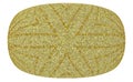 Oval, curved image. Gold, striped.