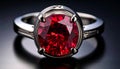 Oval Cut Deep Red Ruby Engagement Ring with Claw Setting on Dark Surface jewelry wedding Royalty Free Stock Photo