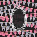 Oval frame on blue and pink hanging flags background