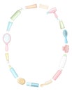 Oval frame with bottles for cosmetics, combs, hair dryer, curlers and hairpin