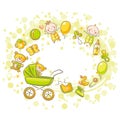 Oval frame with cartoon with lots of baby things Royalty Free Stock Photo
