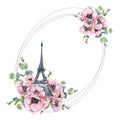 Oval frame with Eiffel Tower, pink flowers, anemones and eucalyptus twigs. Gentle, romantic, watercolor illustration