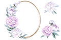 Oval frame with pink peony flower, leaves and buds on a white background, watercolor illustration. Copy space Royalty Free Stock Photo