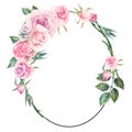 Oval frame with pink roses, leaves and buds on a white background, watercolor hand drawn. Copy space Royalty Free Stock Photo