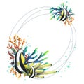 Oval frame with tropical, bright fish, corals and splashes. Watercolor illustration. For postcards, posters, menus