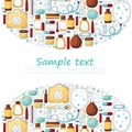 Oval frame from vector illustrations, text. Set of doctor's tools. Ambulance doctor tools, medical case, medications