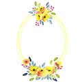 Oval frame with yellow roses and branches bouquets, watercolor illustration