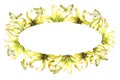 Oval frame with ylang-ylang flowers and butterflies. A frame with exotic fragrant yellow flowers. Hand-drawn watercolor