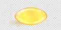 Oval golden fish oil capsule isolated on transparent background. Realistic gold collagen gel pill. Cosmetic capsule of omega-3,