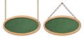 Oval green blackboard with bright wooden frame hanging on ropes and chains