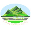 Oval illustration Green energy with mountain landscape, grey road, eco bus, eco car, blue sky. Modern flat design