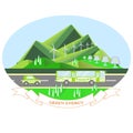 Oval illustration Green energy with mountain landscape, grey road, eco bus, eco car