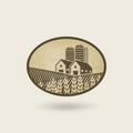 Oval label with the landscape. farm in field