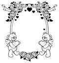 Oval label with outline roses and cute teddy bear holding heart.