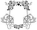 Oval label with outline roses and teddy bear. Raster clip art.