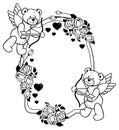 Oval label with outline roses and teddy bear. Raster clip art.