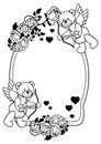 Oval label with outline roses and teddy bear. Raster clip art.