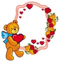 Oval label with red roses and cute teddy bear holding a big hear