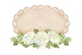 Oval lace doily with white roses and leaves. Place for inscription or text. Watercolor illustration. Isolated on a white