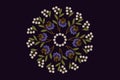 Oval pattern from wavy sprigs with purple cornflowers and delicate white flowers on a dark blue background