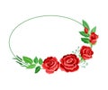 Oval Rose Frame with Red Lush Bud and Green Leaves Arranged in Shape with Border Vector Illustration