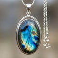 Oval-shaped pendant featuring a labradorite gemstone, known for its iridescent optical effect Royalty Free Stock Photo