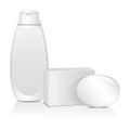 Oval soap with white box adn cosmitic bottle. Realistic mockup package Royalty Free Stock Photo