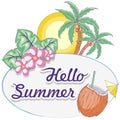 Hello Summer Tropical Oval Framed Label Vector Logo Design Pastel Colors