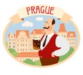 Oval sticker Prague. Solid man with a glass of Czech beer on the background of old European houses