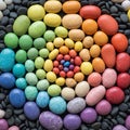 Oval stones arranged in a circular pattern by color, creating a Royalty Free Stock Photo